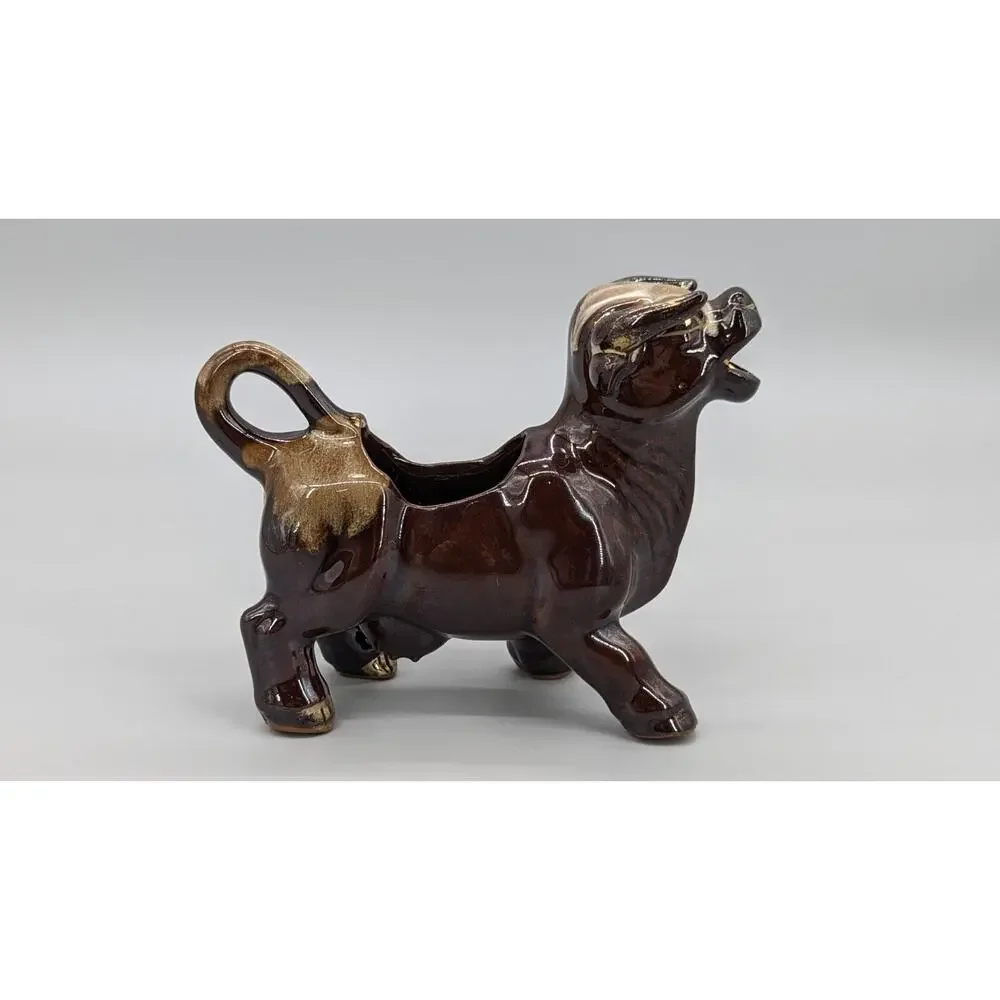 Vintage MCM Stoneware Ceramic Brown & Gold Bull Coffee Creamer Dish 6
